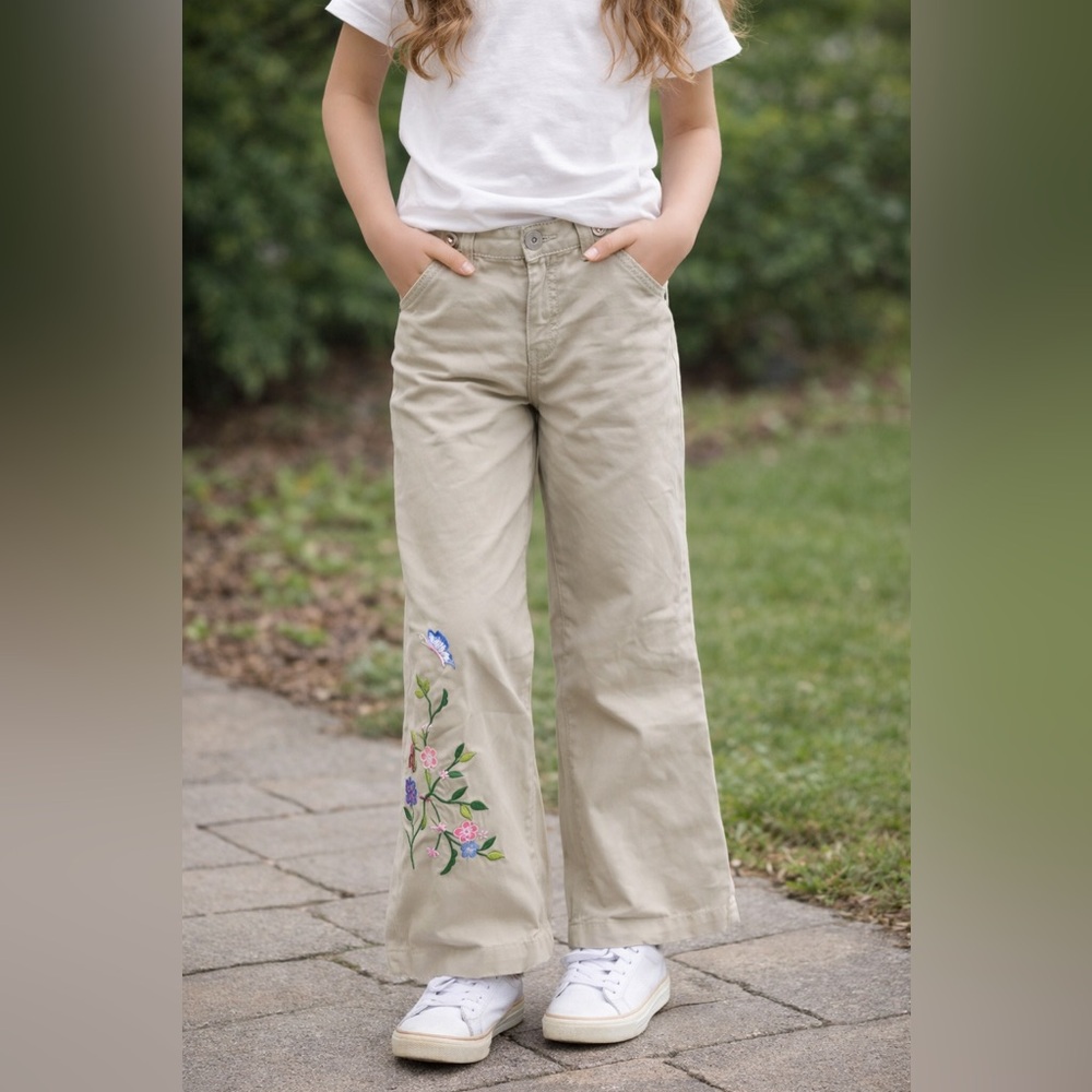 Gap Kids Khaki Embroidered Wide Leg Pants Floral Butterfly Girls XL